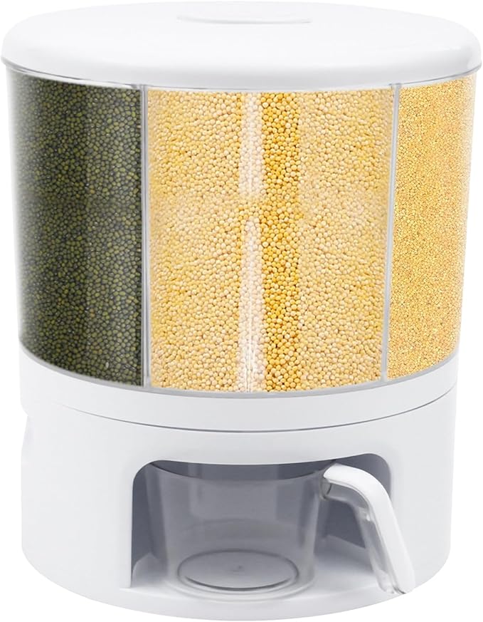 6 Grids Grain Dispenser Can, 360°Rotating Cereal Rice & Grain Storage Container Rotatable Sealed Grain Food Storage Bucket Dry Food Grain Dispenser for Grains Rice Dry Food Beans (24Lbs White)