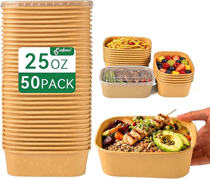 25oz Disposable Bowls with Lids, 50 Sets Large Kraft Square Paper Salad Bowls, Disposable Meal Prep Food Containers w/Lid, Microwave Serving Bowls Spillproof for Party Lunch Order Takeout