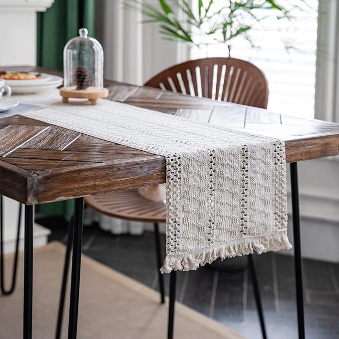 Alynsehom Macrame Table Runner Cream Beige Boho Table Runners with Tassels Hand Woven Cotton Table Runner Rustic Farmhouse Table Runners for Bohemian Kitchen Dining Table(12x71in)