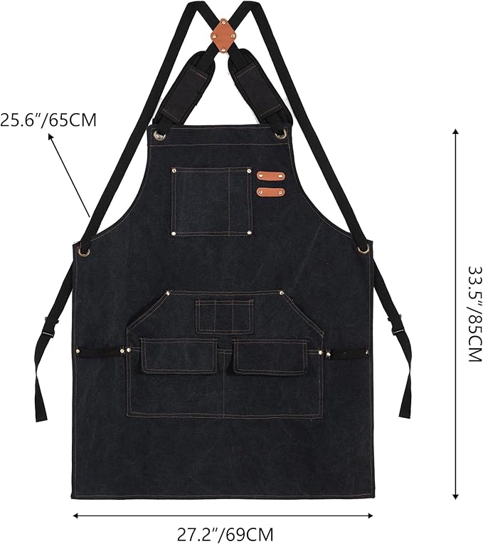 Tosewever Work Aprons for Men with Large Pockets, Canvas Cross Back Heavy Duty Adjustable Tool Aprons for Chef Cooking BBQ