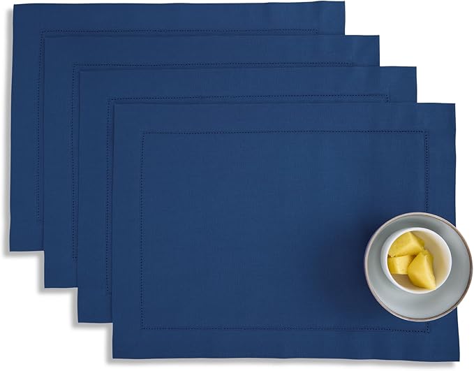 Solino Home Cotton Linen Placemats Set of 4 - Hemstitch Lapis Blue Placemats 14 x 19 Inch - Machine Washable Table Mats for Mothers Day