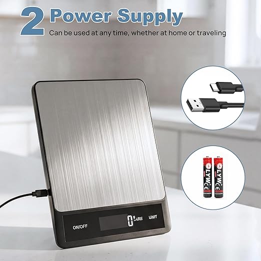 33LB/15KG Digital Kitchen & Food Scale – Waterproof Stainless Steel, USB Rechargeable, 1g Precision, Tare Function for Cooking, Baking, Meal Prep