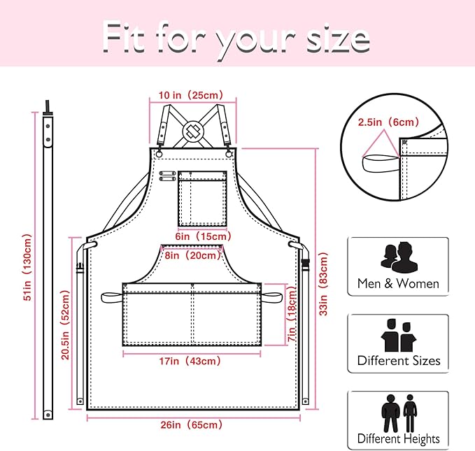 Kitchen Apron, Work Apron, Canvas, Multiple Pockets, Gardening, Painting, BBQ, Artist, Carpenter, Sizes M to XXL, Pink
