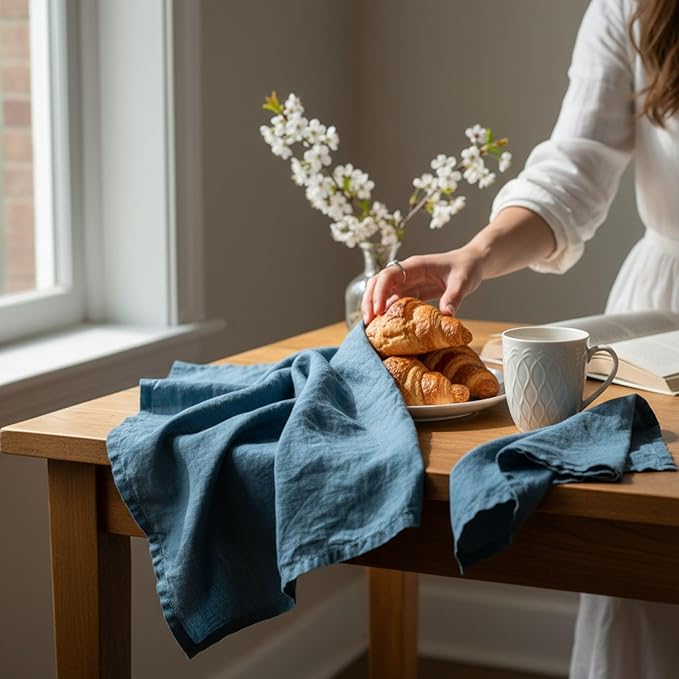 Linen Kitchen Dish Towels – 20” x 27” – 100% Pure Stonewashed Linen Hemstitch Hand Towel/Tea Towel - Set of 2 (Soft Teal Blue)