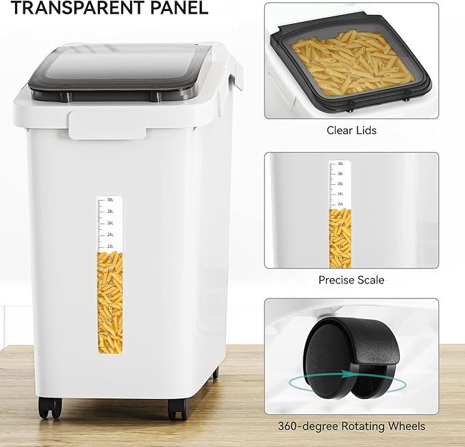 YITAHOME Ingredient Storage Bin, 20.6 Gallons(11.4+5.8+3.4 Gal) Capacity Shelf Bin,500 Cups Flour Bins with Wheels Commercial Shelf-storage Ingredient Bin with Scoop and Lid,Rice Bin for Kitchen,White