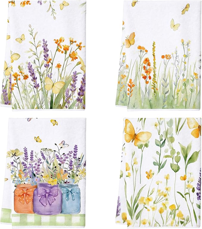 4Pcs Spring Wildflower Butterfly Kitchen Towels-16×24in Floral Microfiber Dish Towels, Super Absorbent Flower Holiday Hand Towels for Home Decor Easter Mother‘s Day Gifts