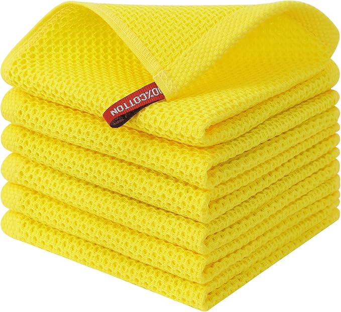 Kitinjoy 100% Cotton Kitchen Dish Cloths (12 X 12 Inches, Yellow), 6 Pack Waffle Weave Ultra Soft Absorbent Dish Towels for Drying Dishes Quick Drying Kitchen Towels Dish Rags