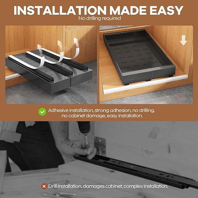 Seinloes 4 Pack Expandable (9"-14") Pull Out Cabinet Organizer 21" Deep With Raising Pad for Framed Cabinets,Upgrade 3 Slide Rails Slide Out Drawers,No Drill Roll Out Shelves Adhesive,Black
