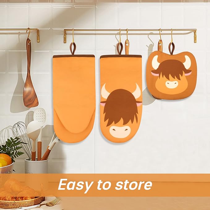Oven Mitt, Cute Highland Cow Oven Mitts and Pot Holders Sets, Oven Mit Kitchen Mitts for Oven, Oven Mitts Heat Resistant Highland Cow Kitchen Decor & Gifts for Housewarming