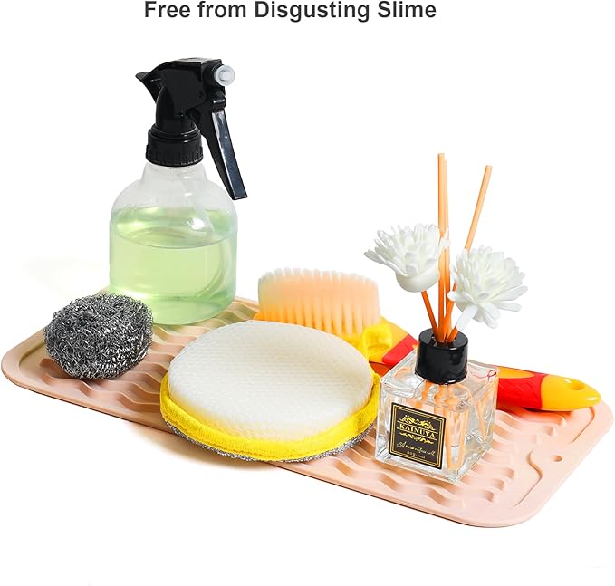 ZLR Silicone Sponge Holder & Sink Caddy Tray (6" x 12") - Narrow Dish Drying Mat for Kitchen Counter - Waterproof Soap Dispenser Organizer, Non-Slip Bathroom Vanity Tray (Peach Pink)
