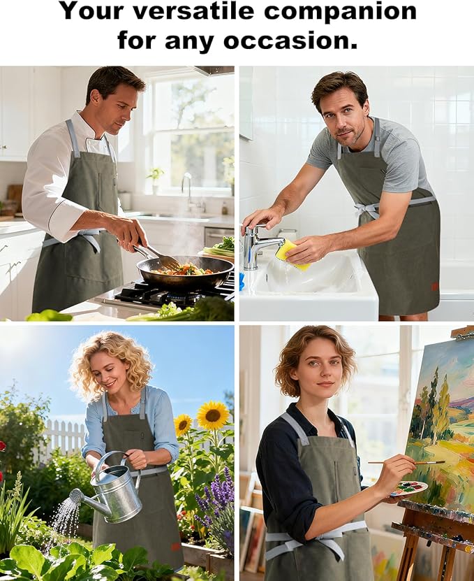 Womens Apron with Pockets Adjustable Shoulder Strap,Aprons for Men 38.5" Extra-Long Straps Fit More Body Types,Chef Apron for Kitchen Garden Barbecue Woodworking(Dark Green)
