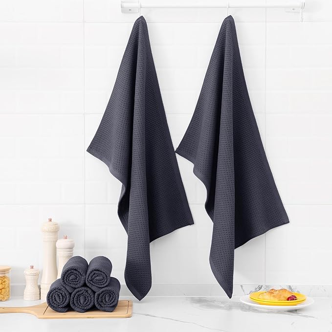 Kitinjoy 100% Cotton Waffle Weave Kitchen Towels (20 X 28 Inches, Dark Grey), 4-Pack Super Soft and Absorbent Dish Towel for Drying Dishes