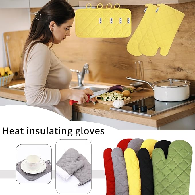 Oven Mitts and Pot Holders Sets,6 Pcs Oven Mitts and Potholders with Recycled Cotton High Heat Resistant Extra Thick Long Oven Mitts for Cooking(Yellow)