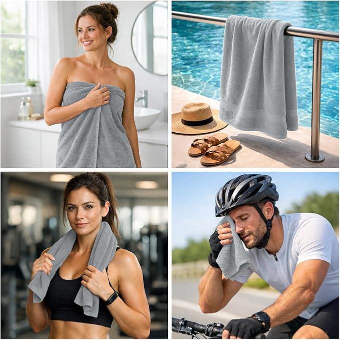DAN RIVER 8 PC Luxury Bath Towels for Bathroom, 2 Bath, 2 Hand, and 4 Wash Cloths, 600 GSM 100% Ring Spun Cotton Towel Set, Highly Absorbent, Gym, Hotel, and Spa, Silver