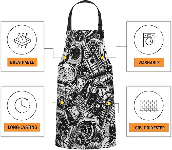 oFloral Automobile Car Parts Black and White Elements Bib Apron with Adjustable Neck for Men Women,Suitable for Home Kitchen Cooking Waitress Chef Grill Bistro Baking BBQ Apron