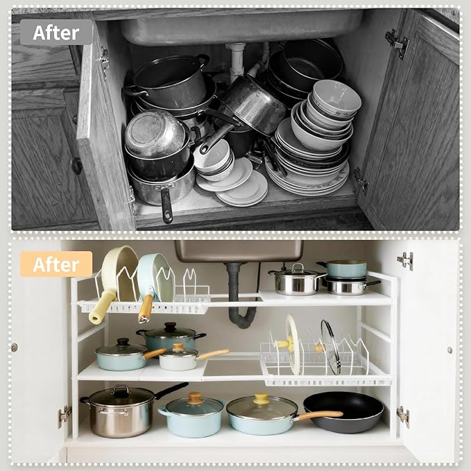 Pots and Pans Organizer Under Cabinet, Expandable Length, Adjustable Height Under Sink Shelf 2 Tier with 10 Dividers Under Cabinet Shelf, Pot and Pan Lid Holder Rack (White)
