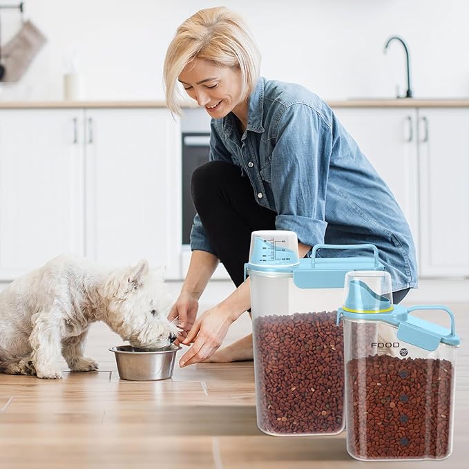 LEAWALK Dog Food Storage Container, Upgraded Large Nozzle BPA-free, 3-5 LBS Plastic Pet Food Storage Containers, With 4 Sealed Clasps, 1 Measuring Cup and Handle (Bright blue-A)