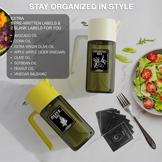 2-IN-1 500ml/17oz Light-Blocking Dark Oil Sprayer for Cooking W/ Stickers, Dark Green Glass Olive Oil Dispenser Bottle for Kitchen, Even Spray with Portion Control, Perfect for Air Fryer, BBQ-White