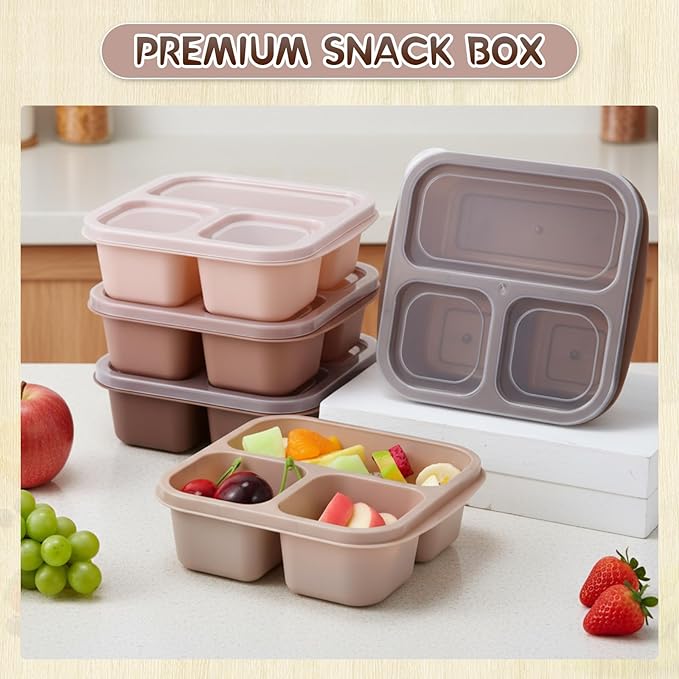 Honeydak 5 Pack Snack Containers 3 Compartment Bento Snack Boxes Divided Meal Prep Containers with Lids Reusable Adults Lunch Food Storage Box for School Work Travel(Cream Brown)