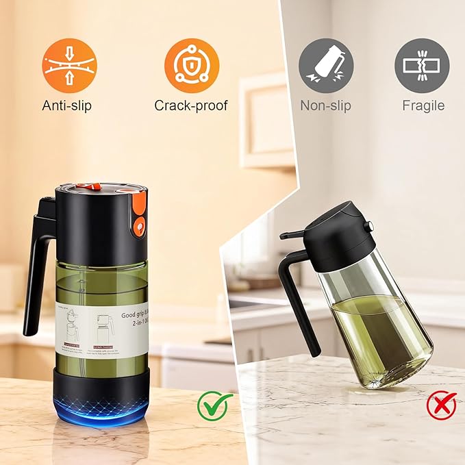 2-IN-1 Oil Sprayer for Cooking with 8 Stickers Light-Blocking Dark Glass Olive Oil Dispenser Bottle for Kitchen 500ml/16.9oz Oil Mister for Air Fryer, BBQ,Salad Even Spray with Portion Control