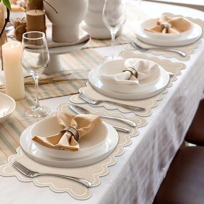 HunnmingRe Set of 6 Cotton Linen Placemats, 13x19 Inch Scalloped Wavy Embroidery Placemat Double Layered Washable Rustic Rectangle Dinner Table Mats for Wedding Home Decor(Beige with Creamy White)