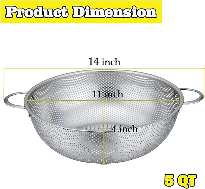 P&P CHEF Stainless Steel Colander, Micro-Perforated Food Strainer with Handle for Washing Draining, Great for Pasta Fruits Vegetables, Dishwasher Safe & Healthy, 5 Qt, 1Pc