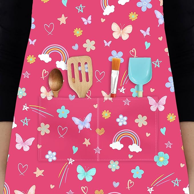 Kids Chef Hat and Apron, Adjustable Kids Aprons with Pocket Girls Boys Kitchen Toddler Aprons for Cooking Baking