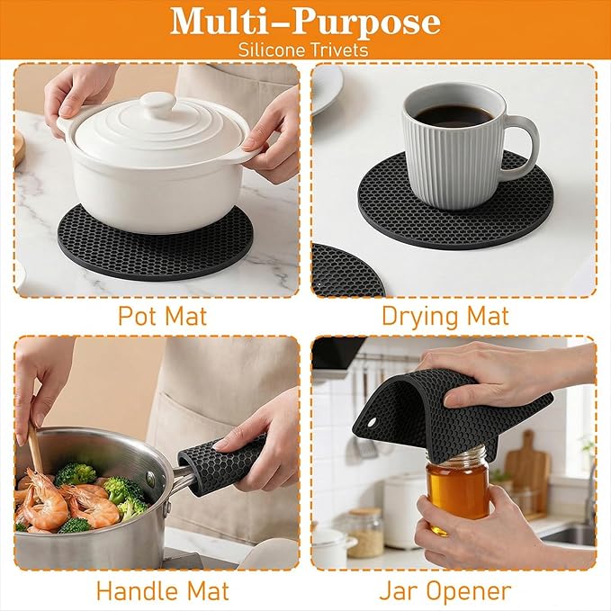 12 Pack Silicone Trivet Mats Hot Pads with Silicone Oven Mitts Non Slip Pot Holders Heat Resistant Trivet Pads Cooking for Kitchen Counter Table Placemats (Black)
