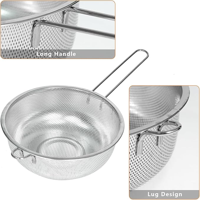 Metal Fine Mesh Strainer and Colander for Kitchen with Handle, Stainless Steel Pasta Strainer/Kitchen Funnel/Collander/Sifter for Strain/Wash Vegetables, Fruits, Spaghetti, Rice (7.8＂)