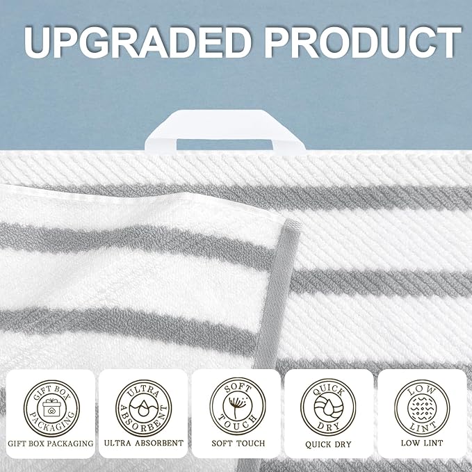VOOVA & MOVAS Towel Set for Bathroom - 100% Cotton, Quick Dry, Thick, 3 Piece Towel Set, 1 Stripe Large Bath 30"x54",1 White Hand 18"x28",1 Grey Washcloth 13"x13",Dorm Room Essentials