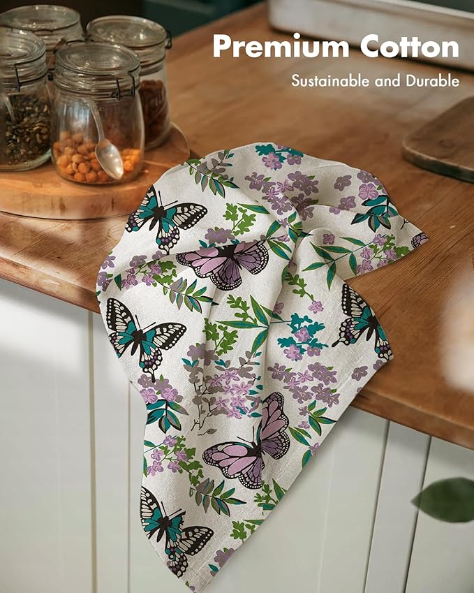 Miss Adola Flour Sack Kitchen Towels - Set of 2 Cotton Dish Towels with Hanging Loop Decorative 18x26 Inch Absorbent Cute Design for Housewarming Gifts, Purple Butterfly