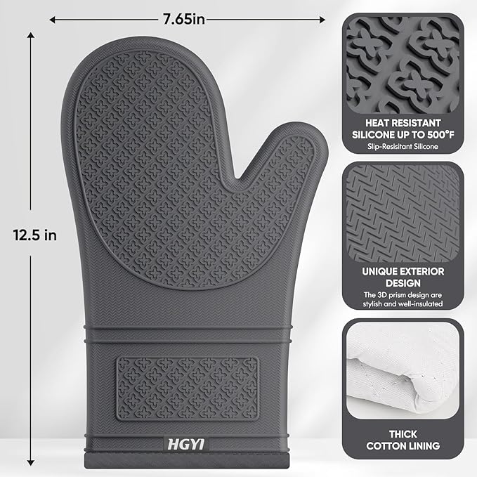Silicone Oven Mitts, Heat Resistant Oven Gloves with Quilted Liner, Waterproof & Non-Slip Kitchen Mittens for Baking Cooking BBQ, 500°F, 12.5"-Deep Gary