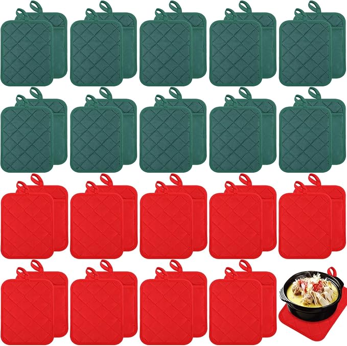 Hoolerry 20 Pieces Pot Holders with Pocket Sublimation 7x9'' Cotton Oven Pot Holders Bulk with Hanging Loops Pads for Kitchen Cook Baking (Red,Green)