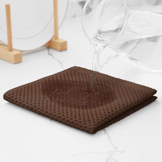 Kitinjoy 100% Cotton Kitchen Dish Cloths (12 X 12 Inches, Coffee), 6 Pack Waffle Weave Ultra Soft Absorbent Dish Towels for Drying Dishes Quick Drying Kitchen Towels Dish Rags