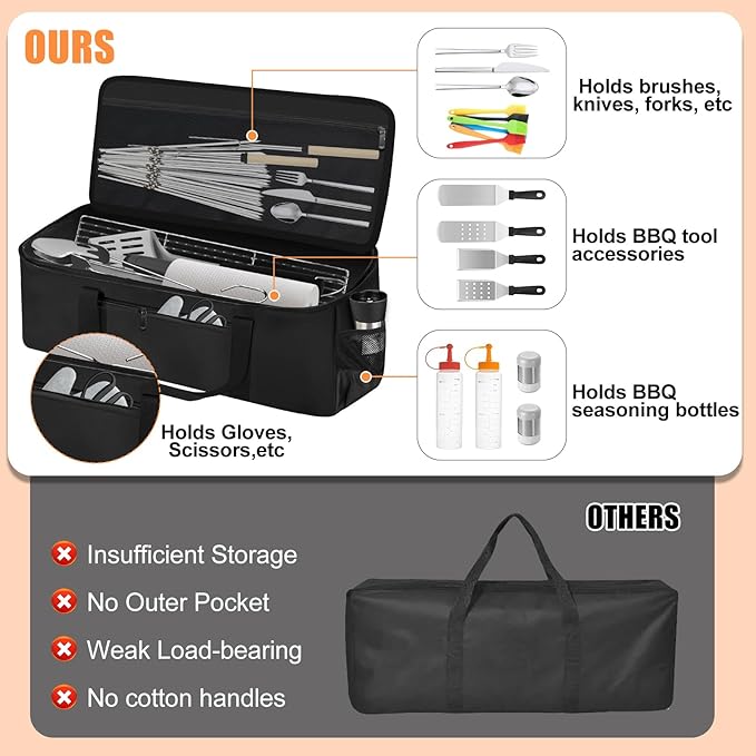 Grill Tool Storage Bag, Outdoor BBQ Utensil Storage with Pockets for BBQ Tools up to 22", Large Grilling Utensil Holder Storage Caddy, Barbecue Tool Sets Case for Camping Picnic,Bag Only,Black