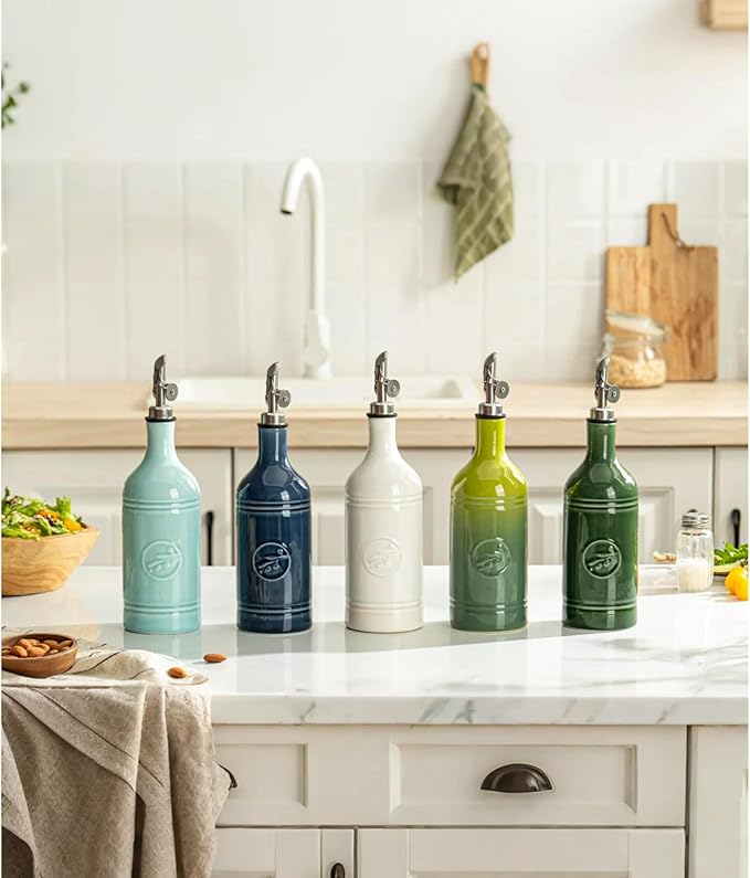 Olive Oil Dispenser Bottle with Spout, 18 oz Ceramic Oil Dispensers for Kitchen, Opaque Cruet, EVOO & Vinegar Bottle with Automatic Stainless Steel Pourer, Pack of 1, Gradient Green
