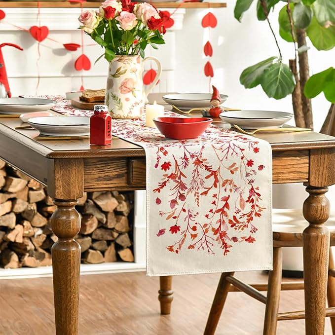 Artoid Mode Floral Leaves Valentine's Table Runner, Wild Flowers Seasonal Kitchen Dining Table Decoration for Home Party Decor 13x36 Inch