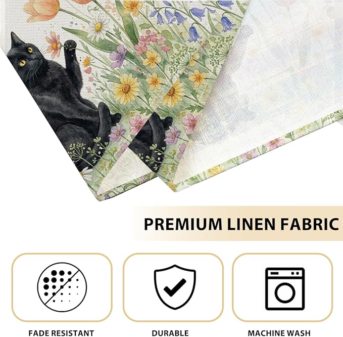 Black Cat Placemats Set of 4, Spring Floral Watercolor Table Mats for Outdoor Home Party Kitchen Dining Decor, Washable Non-Slip Heat Resistant Linen Fabric Rectangle Place Mats, Cute Cat Lover Gifts