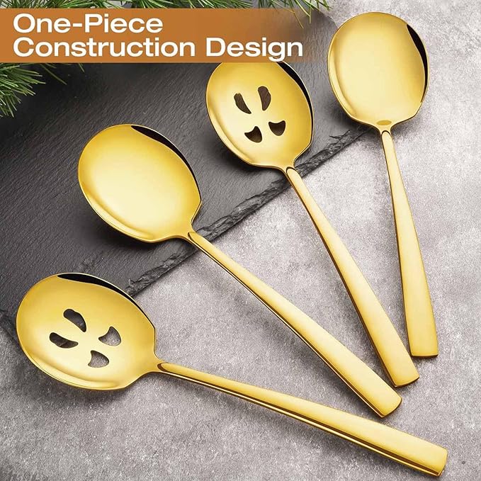Stainless Steel Serving Spoons Set, 9.2-Inch Large Slotted Spoon x 2, Serving Spoon x 2, Big Serving Utensils Set for Buffet, Parties, Catering (2 Slotted & 2 Solid, Gold)