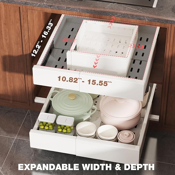 Seinloes 2 Pack Pull Out Cabinet Organizer Expandable Width(11"-16") and Depth(13"-17"),Slide Out Drawers With Raising Pad for Framed Cabinets,No Drill Roll Out Shelves for kitchen,Bathroom,White