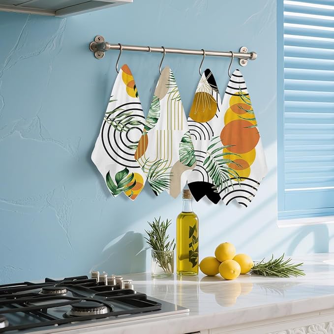 4 Pcs Boho Kitchen Towels, Abstract Tropical Tea Hand Towel, Microfiber Dish Cloths for Drying Dishes, Waffle Dish Towels for Kitchen Bathroom Home Decor, Housewarming Gifts for Women Mom