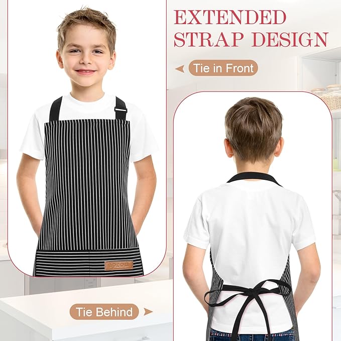 2 Pack Stripes Kids Apron, Kids Cooking Aprons with 2 Pockets, Cute Aprons for Cooking for Boys and Girls