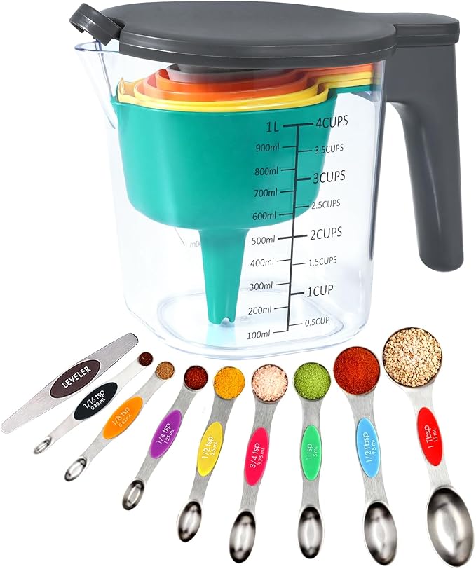 Measuring Cups and Spoons set 19 Pieces, Includes 10 Stackable Measuring Cup with Lid and 9 Magnetic Measuring Spoons, Tablespoon for Liquid and Dry, BPA Free, Dishwasher Safe (Rainbow)