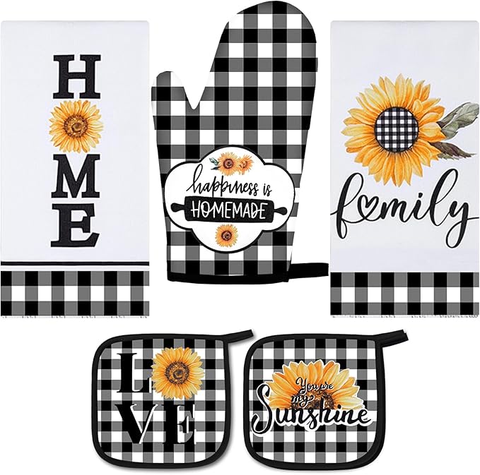 5 Pieces Buffalo Plaid Kitchen Towels Oven Mitts and Pot Holder Set Black and White Kitchen Towels Oven Gloves, Hot Pads Pot Holders for Farm House Accessories Decor(Sunflower)