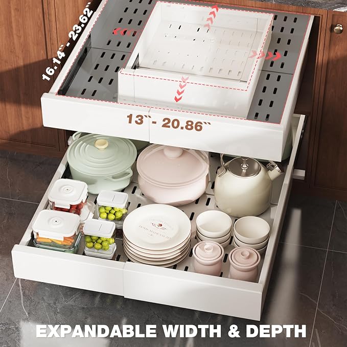 Seinloes 4 Pack Pull Out Cabinet Organizer Expandable Width(13"-21") and Depth(17"-24"),Slide Out Drawers With Raising Pad for Framed Cabinets,No Drill Roll Out Shelves for kitchen,Bathroom,White