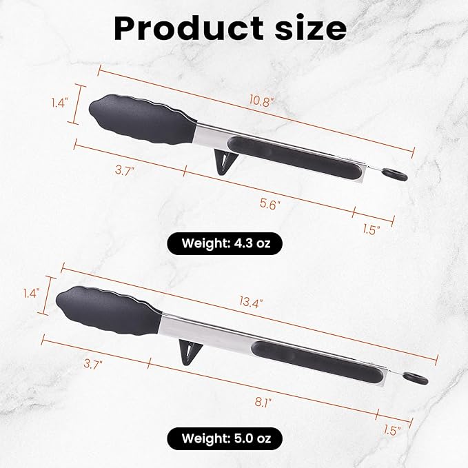 Kitchen Tongs Set of 2 (9” & 12”) – Stainless Steel & Silicone Cooking Tongs with Built-in Stand & Dishwasher Safe – Heat Resistant up to 600°F – Perfect for Grilling, BBQ, Salad & Frying