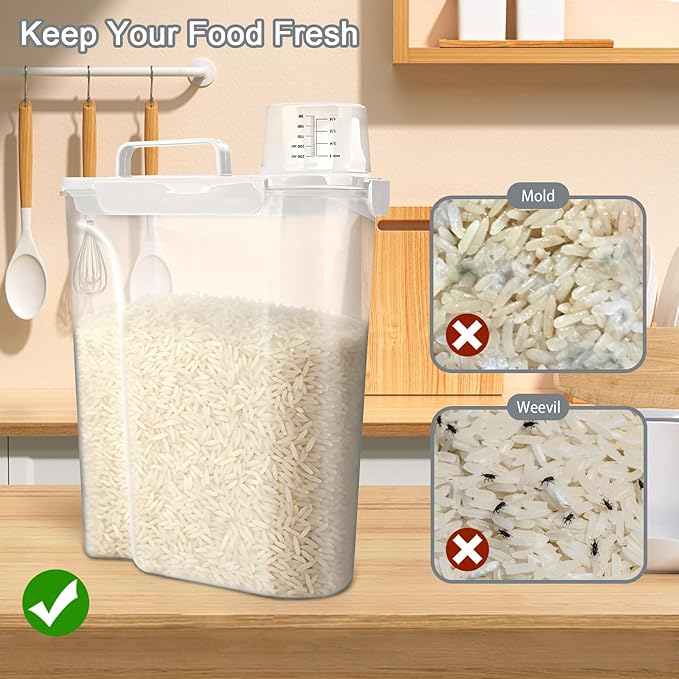 Komzon Rice Storage Containers, Airtight Cereal Containers Storage, with Pouring Spout Portable Handle for Flour, Pasta, Grain and Baking, Pet Dog Cat Bird Food Container 20lb White