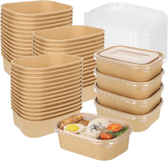 50 Pack 17oz Disposable Kraft Paper Bowls with Lids, Rectangle Meal Prep Containers Bulk, Large Paper Salad Bowl, Leakproof Food Containers Treat Soup Serving Bowls, Microwave Safe for Hot/Cold Food