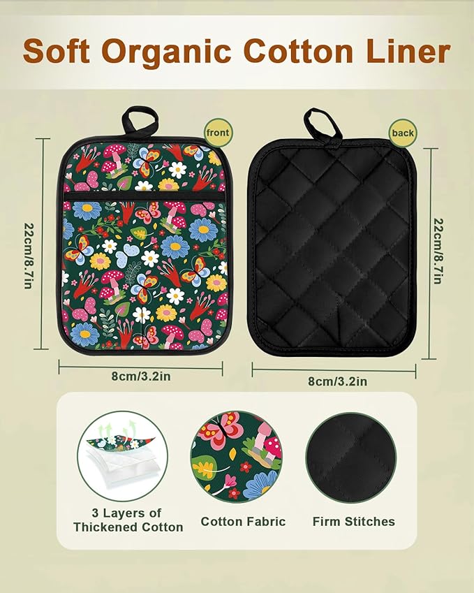 Swooflia 100% Cotton Pot Holders 2 Pack Set for Kitchen with Pockets - Cute 440°F Heat Resistant Oven Hot Pads Heavy Duty for Countertop Home Cooking Baking Microwave BBQ Vintage Floral