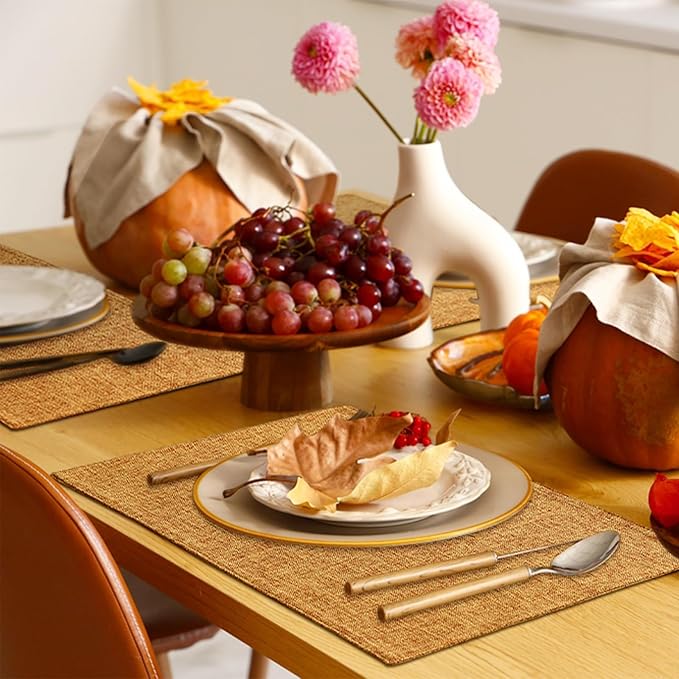 Homaxy Cloths Placemats for Dining Table Set of 4, Heat Resistant Washable Cotton Linen Blend Table Mats, Easy to Clean Place Mats for Indoor Outdoor Party Kitchen Decoration, 13" x 19", Amber